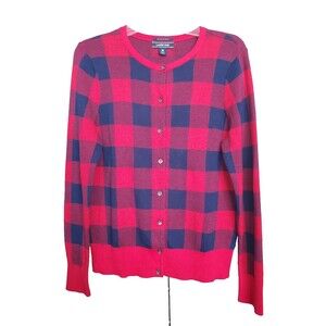 Lands' End 100% Supima Cotton Red Buffalo Plaid Button-Up Cardigan Size MED